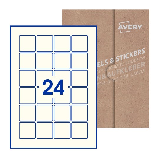 folha branca com 24 etiquetas adesivas quadradas 40x40 com caixa de embalagem de papel - Etiquetas adesivas quadradas Avery® 40 x 40 mm