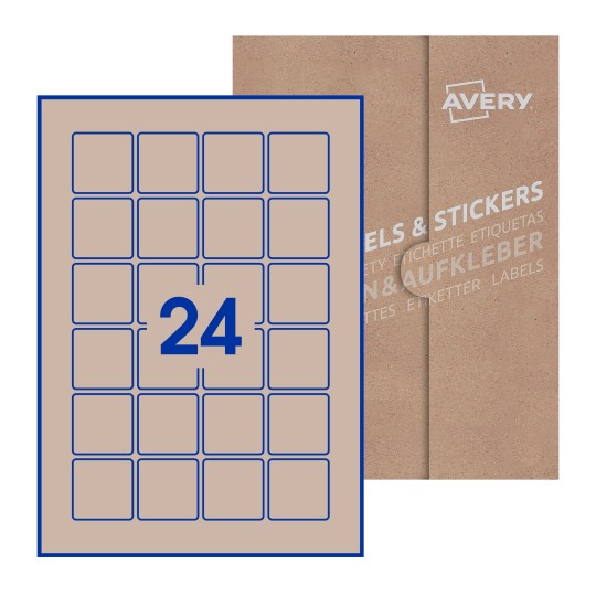 folha branca com 24 etiquetas adesivas quadradas 40x40 com caixa de embalagem de papel - Etiquetas adesivas quadradas Avery® 40 x 40 mm