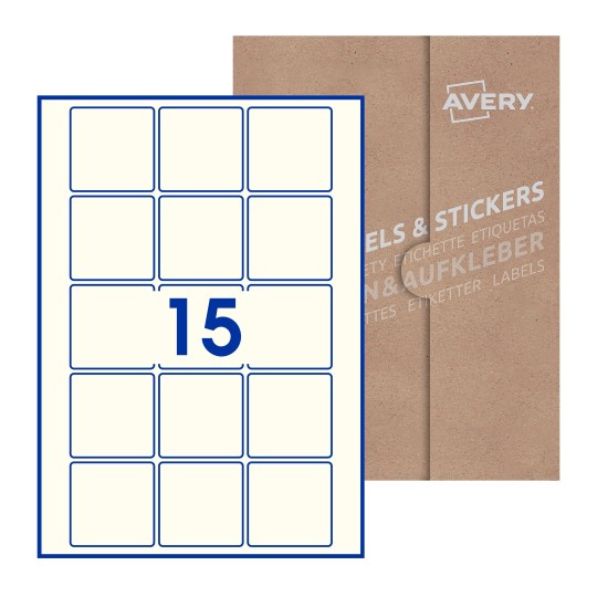 folha branca com 15 etiquetas adesivas quadradas 55x55 com caixa de embalagem de papel - Etiquetas adesivas quadradas Avery® 55 x 55 mm