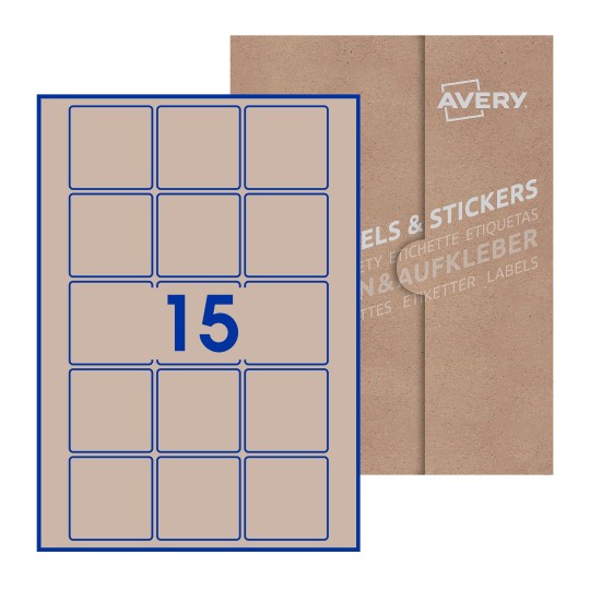 folha branca com 15 etiquetas adesivas quadradas 55x55 com caixa de embalagem de papel - Etiquetas adesivas quadradas Avery® 55 x 55 mm