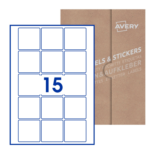 folha branca com 15 etiquetas adesivas quadradas 55x55 com caixa de embalagem de papel - Etiquetas adesivas quadradas Avery® 55 x 55 mm