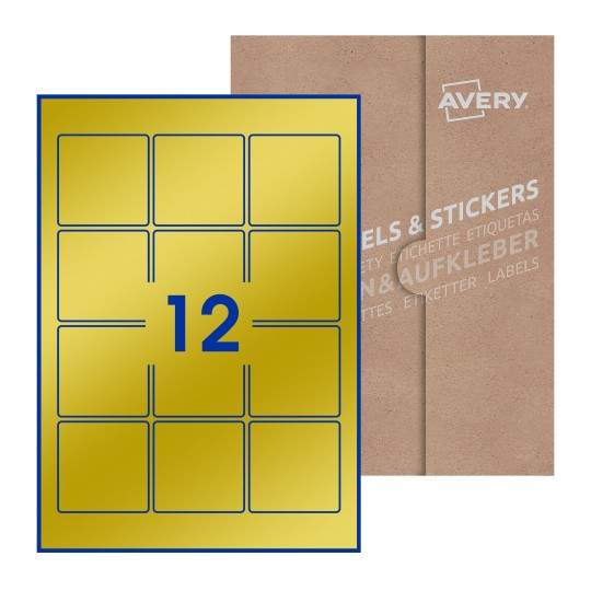 folha branca com 12 etiquetas adesivas quadradas 60x60 com caixa de embalagem de papel - Etiquetas adesivas quadradas Avery® 60 x 60 mm