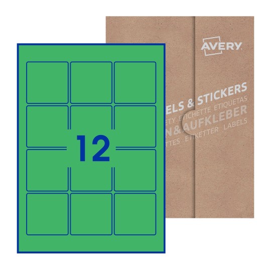 folha branca com 12 etiquetas adesivas quadradas 60x60 com caixa de embalagem de papel - Etiquetas adesivas quadradas Avery® 60 x 60 mm