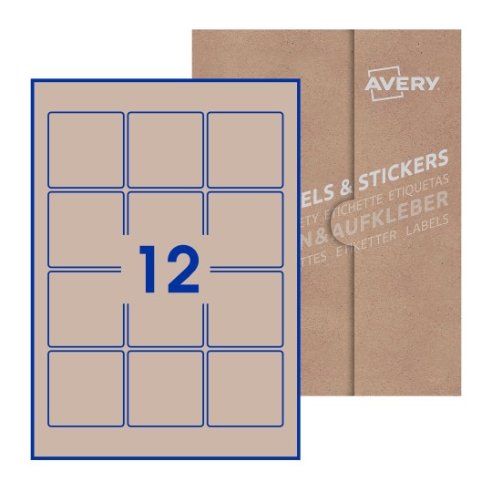 folha branca com 12 etiquetas adesivas quadradas 60x60 com caixa de embalagem de papel - Etiquetas adesivas quadradas Avery® 60 x 60 mm