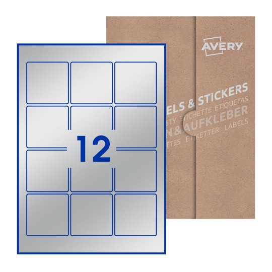 folha branca com 12 etiquetas adesivas quadradas 60x60 com caixa de embalagem de papel - Etiquetas adesivas quadradas Avery® 60 x 60 mm