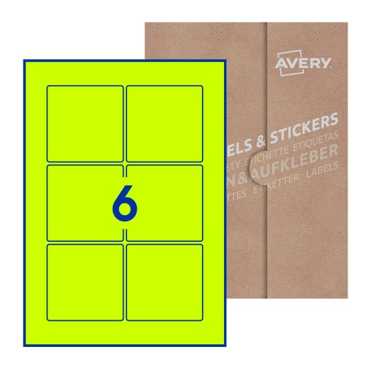 folha branca com 6 etiquetas adesivas quadradas 80x80 com caixa de embalagem de papel - Etiquetas adesivas quadradas Avery® 80 x 80 mm