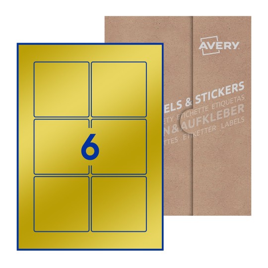 folha branca com 6 etiquetas adesivas quadradas 80x80 com caixa de embalagem de papel - Etiquetas adesivas quadradas Avery® 80 x 80 mm