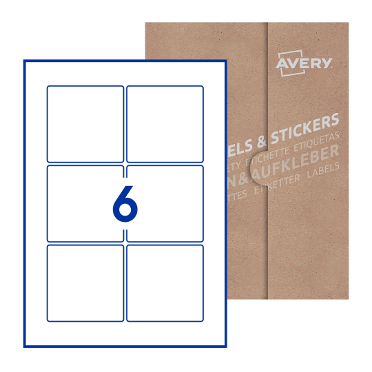 folha branca com 6 etiquetas adesivas quadradas 80x80 com caixa de embalagem de papel - Etiquetas adesivas quadradas Avery® 80 x 80 mm