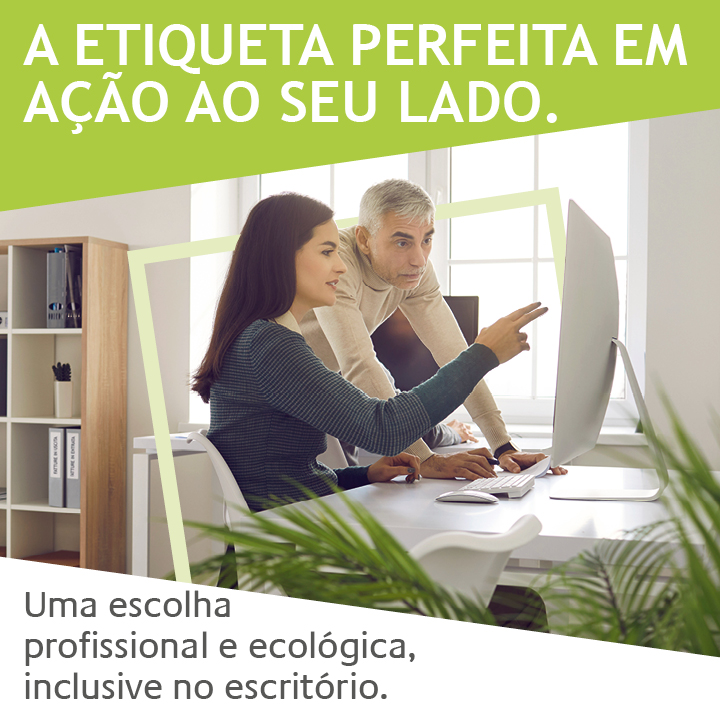 faixa branca e verde com os dizeres “Uma escolha profissional e ecológica, mesmo no escritório