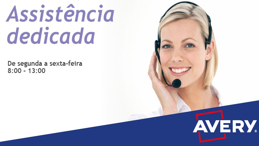 Banner para suporte telefônico das 08:00 às 13:00 com mulher com fone de ouvido e marca Avery no canto inferior