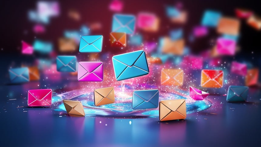 Envelopes coloridos sobre fundo multicolorido, indicando boletim informativo.