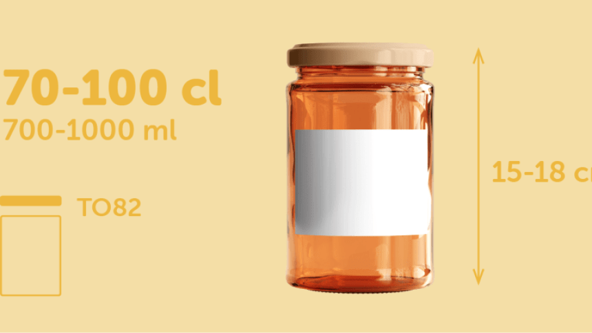 Etiquetas retangulares 100x60 mm para potes de 70-100 cl, de 15 a 18 cm de altura, colocada em um pote de vidro cheio de mel.