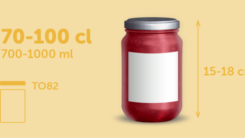 Etiqueta quadrada para potes de 70-100 cl, de 15 a 18 cm de altura, colocada em um pote de vidro com enchimento vermelho.	