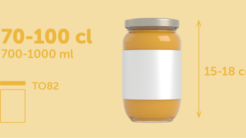 Etiqueta envolvente retangulare 208x80 mm para potes de 70-100 cl, de 15 a 18 cm de altura, colocada em um pote de vidro	