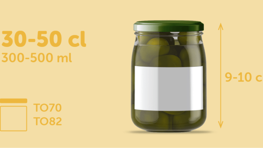 Etiqueta retangular para potes de 30-50 cl, de 9 a 10 cm de altura, colocada em um pote de vidro cheio de azeitonas verdes