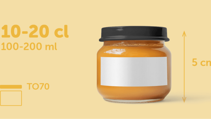 Etiqueta retangular para potes de 10-20cl, com 5 cm de altura, colocada em um pote de vidro cheio de comida para bebê 