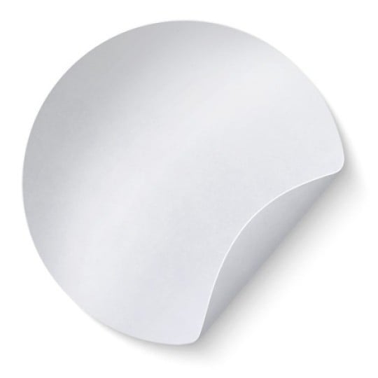 Etiqueta redonda mostrando o material: papel branco