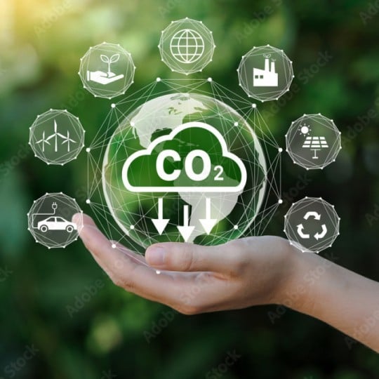 imagem com fundo verde e nuvem com escrita c02 no centro indicando redução através de pequenos símbolos de sustentabilidade
