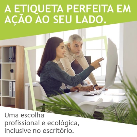 Imagem branca e verde com a inscrição "Uma escolha profissional e ecológica, também no escritório