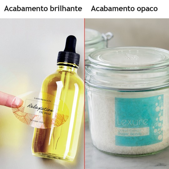 imagens mostrando a diferença entre a etiqueta brilhante de um frasco de cosmético, a etiqueta fosco de um pote de esfoliante