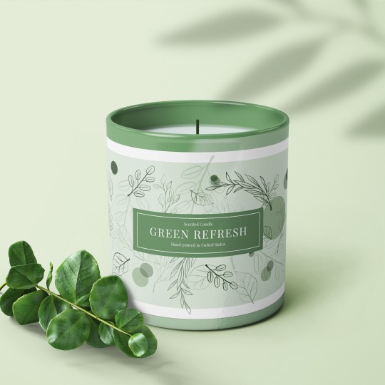 Vela em pote com etiqueta branca e verde com "Green Refresh" escrito nele. Plante nas proximidades como decoração