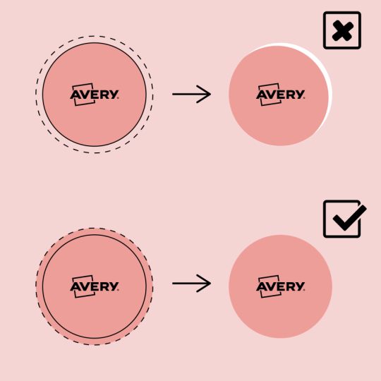 Quatro imagens redondas com etiquetas Avery com instruções sobre como cortar a etiqueta corretamente