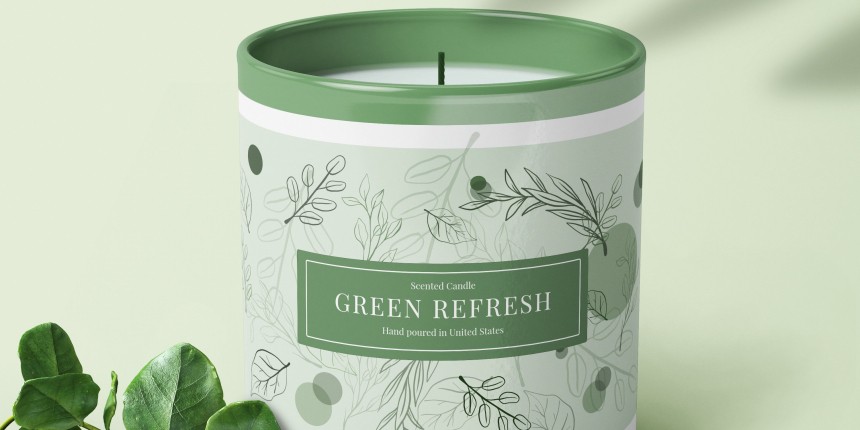 Vela em pote com etiqueta branca e verde com "Green Refresh" escrito nele. Plante nas proximidades como decoração