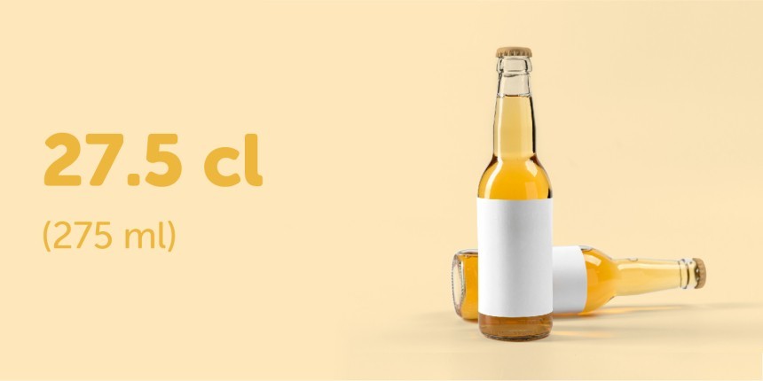 Etiqueta adesiva rectangular envolvente colocada em garrafa de cerveja de 27.5 cl 	