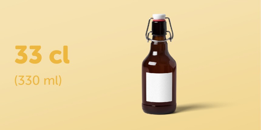 Etiqueta adesiva quadrada colocada em garrafa de cerveja 33cl (330ml)