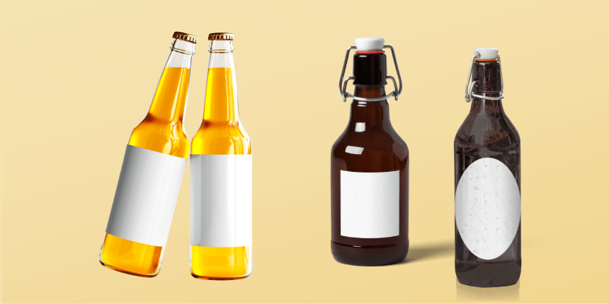 Quatro garrafas de cerveja  de formatos diferentes com etiquetas coladas para indicar a etiqueta ideal para cada uma
