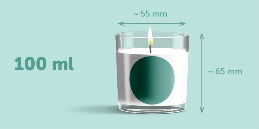 Pote de vela de 100 ml com 65 mm de altura e 55 mm de largura com etiqueta adesiva redonda verde 