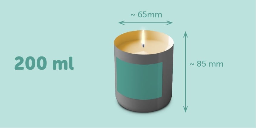 Pote de vela de 200 ml com 85 mm de altura e 65 mm de largura com etiqueta adesiva retangular verde	