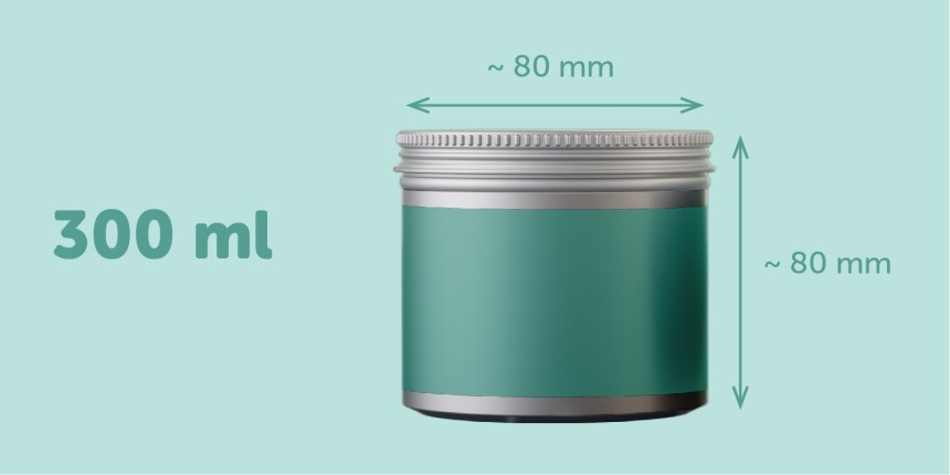 Pote de vela de 300 ml com 80 mm de altura e 80 mm de largura com etiqueta adesiva retangular verde envolvente
