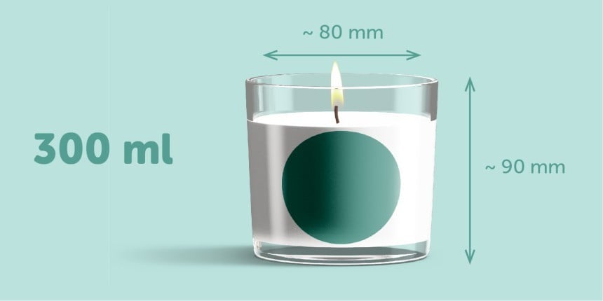 	Pote de vela de 300 ml com 90 mm de altura e 80 mm de largura com etiqueta adesiva redonda verde 
