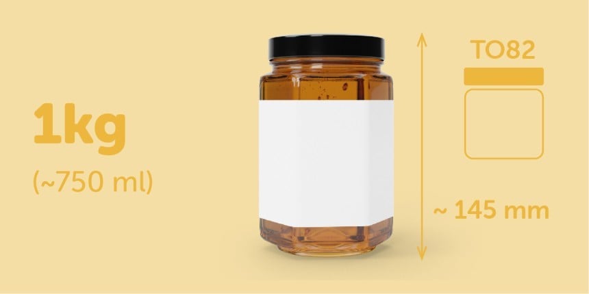 Pote de mel de 1 kg (750ml) com 145 mm de altura com etiqueta retangular branca envolvente 