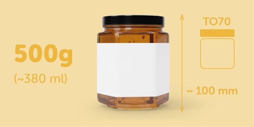 Pote de vidro para mel de 500g (380ml), altura 100mm, etiqueta retangular branca envolvente 
