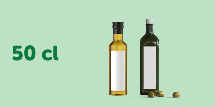 Etiquetas adesivas retangulares para garrafas de azeite e vinagre de 50cl colocado em dois garrafas cheias de azeite