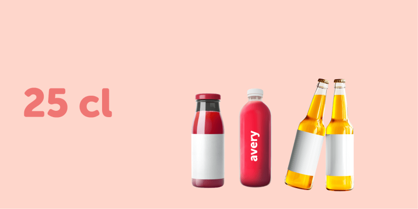 Quatro garrafas de vidro de 25cl de formatos diferentes com etiquetas coladas para indicar a etiqueta ideal para cada uma