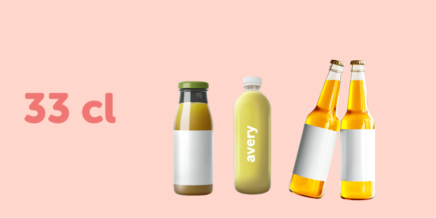 Quatro garrafas de vidro de 33cl de formatos diferentes com etiquetas coladas para indicar a etiqueta ideal para cada uma