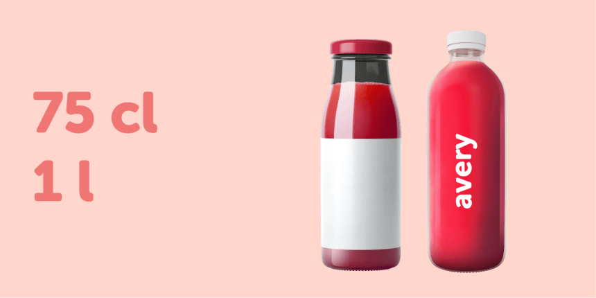 Garrafa de tomate de 75cl com etiqueta branca envolvente. Garrafa de 1 litro com etiqueta escrita Avery