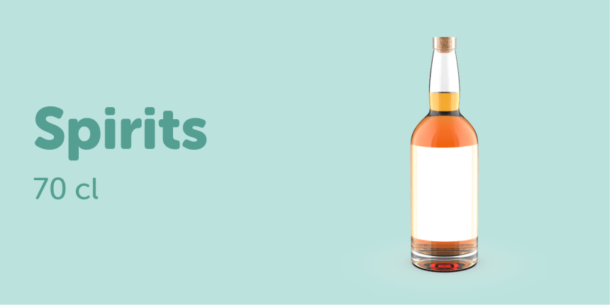 etiqueta adesiva retangular colocada em garrafa de vidro de 70cl para bebidas destiladas 90x120 mm	