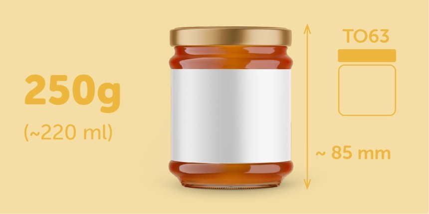 Dimensões da etiqueta aconselhada para potes de mel de 250 g (220 ml).