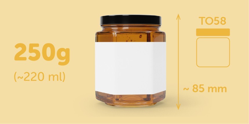 Pote de vidro para mel de 250g (220ml), altura 85mm, etiqueta retangular branca envolvente 