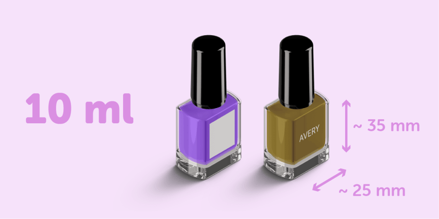 Etiquetas quadradas de vidrinhos de esmalte 10ml 35mm de altura 25mm de comprimento colocadas em dois vidrinhos roxo e marrom