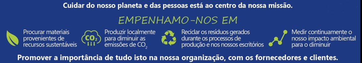 faixa azul com textos em verde sobre sustentabilidade e pequenas imagens de logotipos sustentáveis. escrito empenhamo nos em