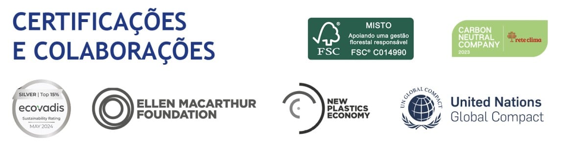 Certificações e colaborações. logotipos de empresas neutras em carbono, ECOVADIS 2024, FSC, Pacto Global das Nações Unidas.