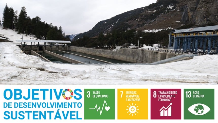 imagem com roteiro de objetivos de desenvolvimento sustentável com caixas abaixo indicando os passos e foto de uma barragem