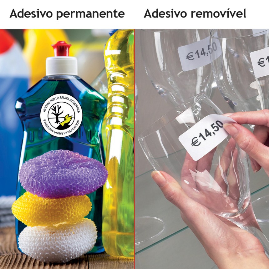 duas imagens mostrando adesivo permanente em frasco de sabão e adesivo removível em copo de vidro