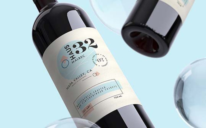 Garrafa de vinho com etiqueta adesiva branca com informações do produto. Fundo celestial