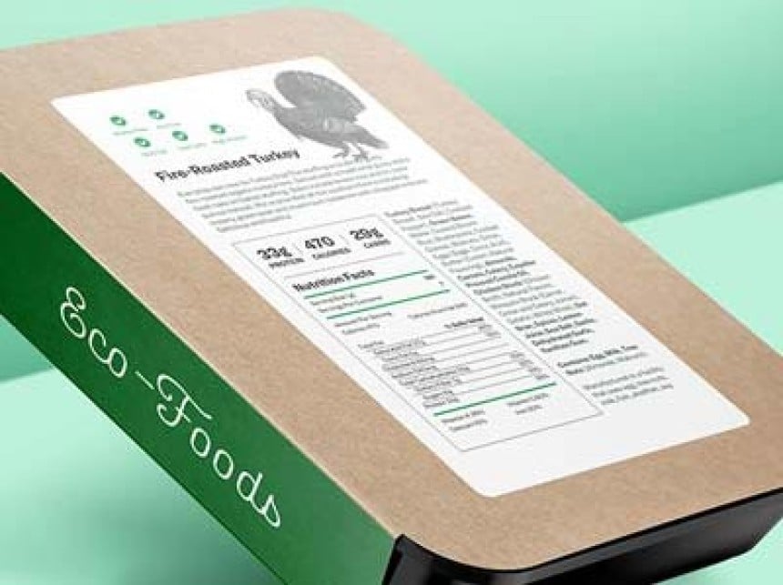 Etiqueta ecológica para peru assado com informações nutricionais detalhadas. Etiqueta branca em caixa marrom e verde.